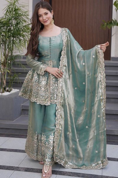 Ice Blue Silk Embroidered Sharara Kurta Set