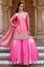 Fuchsia Pink Silk Embroidered Long Kurti Lehenga Set