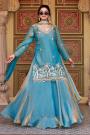 Sky Blue Silk Embroidered Long Kurti Lehenga Set