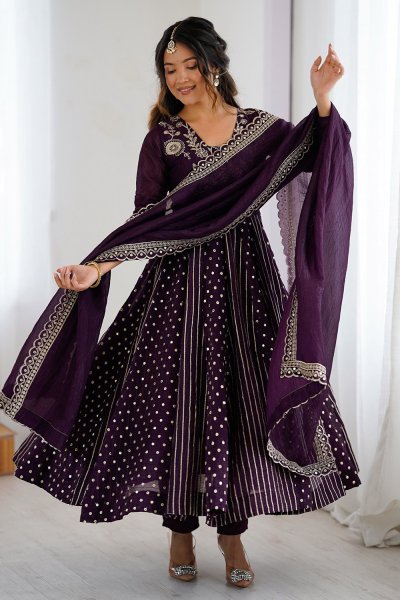 Plum Silk Embroidered Anarkali Set Plum Silk Embroidered Anarkali Set