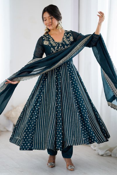 Teal Blue Silk Embroidered Anarkali Set Teal Blue Silk Embroidered Anarkali Set