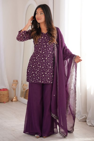 Plum Silk Embroidered Bell Bottom Kurta Set Plum Silk Embroidered Bell Bottom Kurta Set