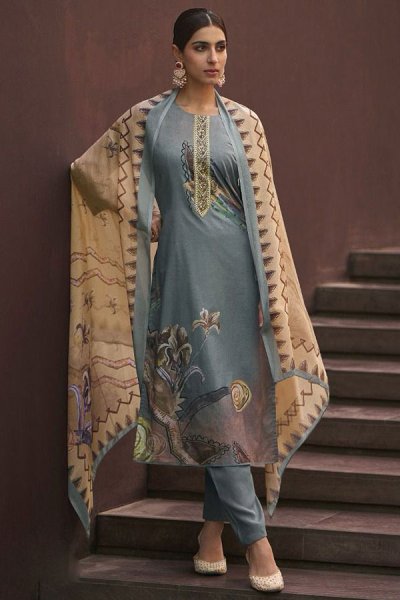 Steel Blue Printed & Embroidered Lawn Cotton Kurta Set
