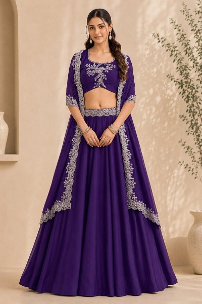 Violet Silk Embroidered Lehenga Set Violet Silk Embroidered Lehenga Set