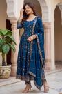 Prussian Blue Silk Embroidered Anarkali Set
