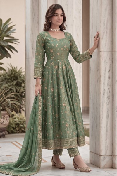 Sage Green Silk Embroidered Anarkali Set Sage Green Silk Embroidered Anarkali Set
