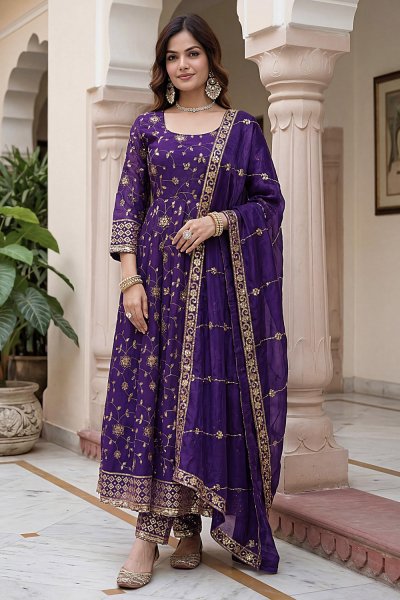 Violet Silk Embroidered Anarkali Set Violet Silk Embroidered Anarkali Set