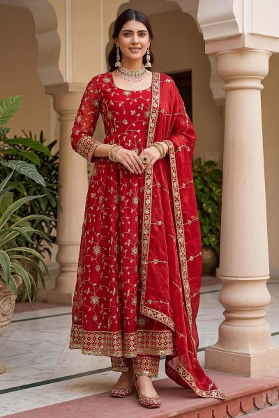 Red Silk Embroidered Anarkali Set Red Silk Embroidered Anarkali Set