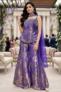 Dark Blue Banarasi Silk Hand Embroidered Kurta Sharara Set With Choker Style Dupatta