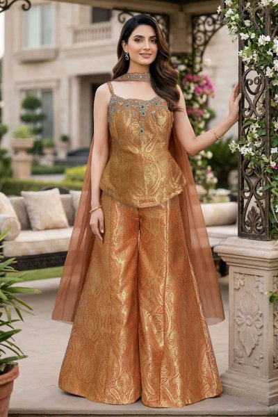 Rust Gold Banarasi Silk Hand Embroidered Kurta Sharara Set With Choker Style Dupatta Rust Gold Banarasi Silk Hand Embroidered Kurta Sharara Set With Choker Style Dupatta