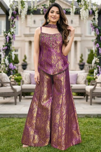 Plum Gold Banarasi Silk Hand Embroidered Kurta Sharara Set With Choker Style Dupatta Plum Gold Banarasi Silk Hand Embroidered Kurta Sharara Set With Choker Style Dupatta