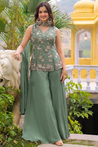 Sage Green Chinon Silk Hand Embroidered Peplum Kurti With Sharara & Choker Style Dupatta Sage Green Chinon Silk Hand Embroidered Peplum Kurti With Sharara & Choker Style Dupatta