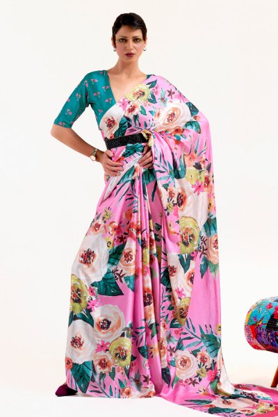 Fuchsia Pink & Multicolor Printed Satin Crepe Silk Saree & Blouse Fuchsia Pink & Multicolor Printed Satin Crepe Silk Saree & Blouse