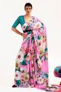 Fuchsia Pink & Multicolor Printed Satin Crepe Silk Saree & Blouse