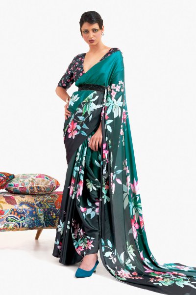 Forest Green & Multicolor Printed Satin Crepe Silk Saree & Blouse Forest Green & Multicolor Printed Satin Crepe Silk Saree & Blouse