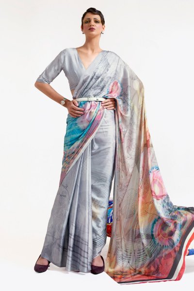 Multicolor Printed Satin Crepe Silk Saree & Blouse Multicolor Printed Satin Crepe Silk Saree & Blouse