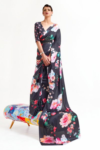 Black & Multicolor Printed Satin Crepe Silk Saree & Blouse Black & Multicolor Printed Satin Crepe Silk Saree & Blouse
