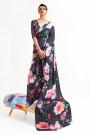 Black & Multicolor Printed Satin Crepe Silk Saree & Blouse