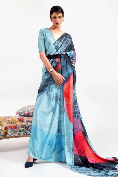 Sky Blue & Multicolor Printed Satin Crepe Silk Saree & Blouse Sky Blue & Multicolor Printed Satin Crepe Silk Saree & Blouse