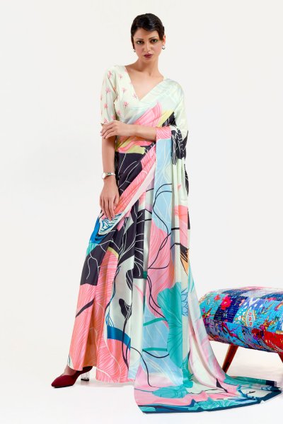 Pale Yellow & Multicolor Printed Satin Crepe Silk Saree & Blouse Pale Yellow & Multicolor Printed Satin Crepe Silk Saree & Blouse