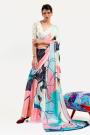 Pale Yellow & Multicolor Printed Satin Crepe Silk Saree & Blouse