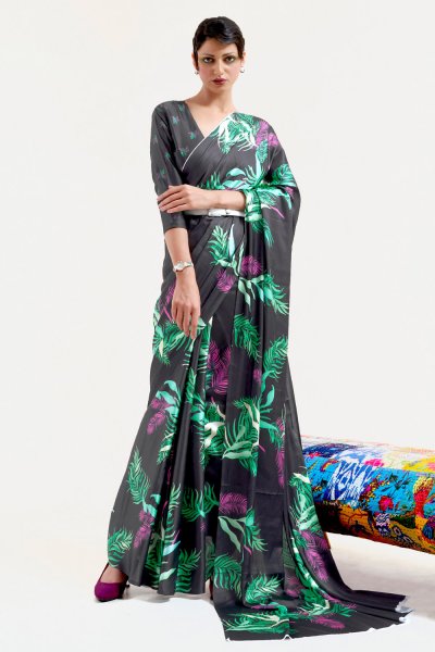 Charcoal Black & Multicolor Printed Satin Crepe Silk Saree & Blouse Charcoal Black & Multicolor Printed Satin Crepe Silk Saree & Blouse