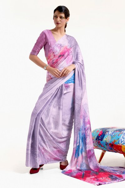 Lilac & Multicolor Printed Satin Crepe Silk Saree & Blouse Lilac & Multicolor Printed Satin Crepe Silk Saree & Blouse