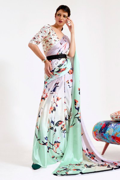 Mint & Multicolor Printed Satin Crepe Silk Saree & Blouse Mint & Multicolor Printed Satin Crepe Silk Saree & Blouse