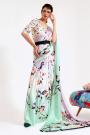 Mint & Multicolor Printed Satin Crepe Silk Saree & Blouse