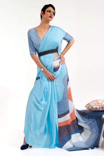 Soft Blue & Multicolor Printed Satin Crepe Silk Saree & Blouse Soft Blue & Multicolor Printed Satin Crepe Silk Saree & Blouse