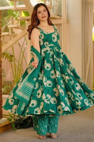 Dark Green Muslin Cotton Printed Anarkali Style Kurta Set Dark Green Muslin Cotton Printed Anarkali Style Kurta Set