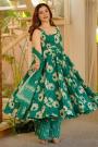 Dark Green Muslin Cotton Printed Anarkali Style Kurta Set