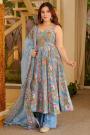 Sky Blue Muslin Cotton Printed Anarkali Style Kurta Set
