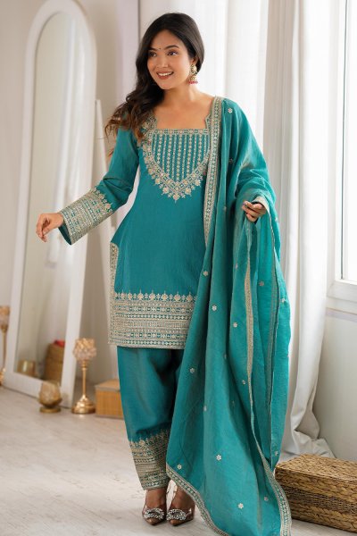 Teal Blue Silk Embroidered Kurta Set Teal Blue Silk Embroidered Kurta Set