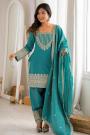 Teal Blue Silk Embroidered Kurta Set