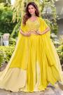 Lemon Yellow Ombre Georgette Hand Embroidered Indowestern Lehenga With Top & Dupatta Style Shrug