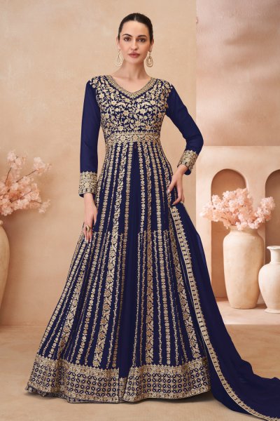 Navy Blue Georgette Embroidered Anarkali Set With Lehenga Navy Blue Georgette Embroidered Anarkali Set With Lehenga