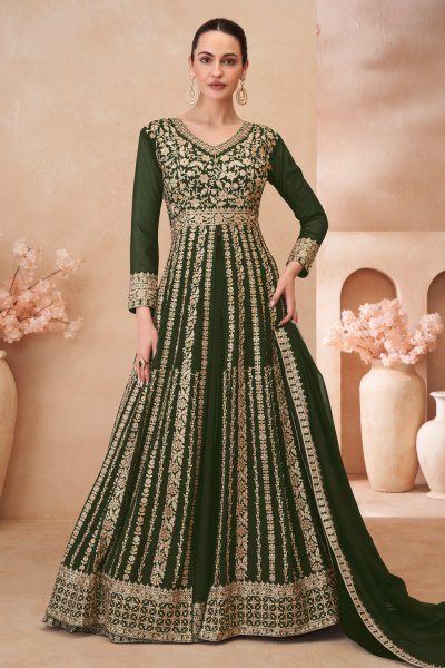 Dark Green Georgette Embroidered Anarkali Set With Lehenga Dark Green Georgette Embroidered Anarkali Set With Lehenga
