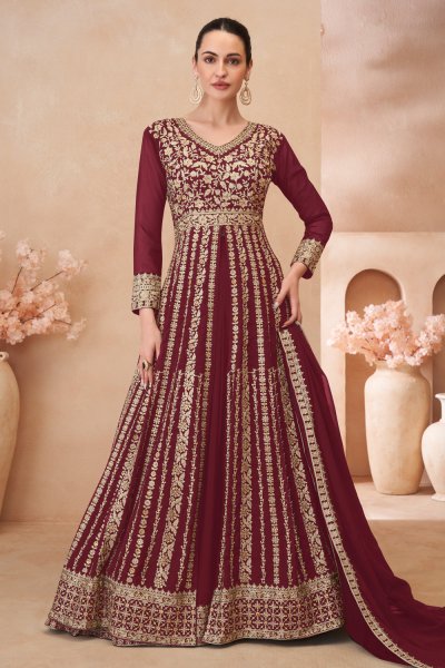 Maroon Georgette Embroidered Anarkali Set With Lehenga Maroon Georgette Embroidered Anarkali Set With Lehenga