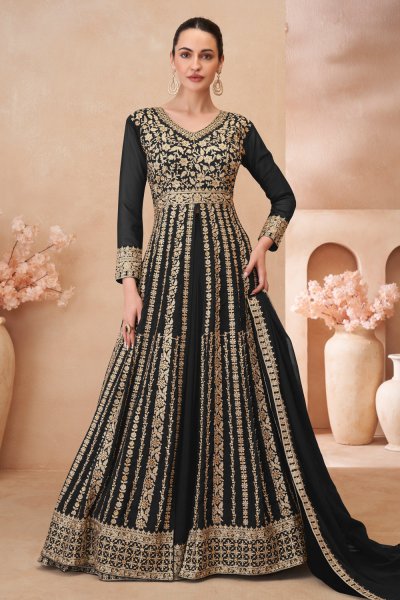 Black Georgette Embroidered Anarkali Set With Lehenga Black Georgette Embroidered Anarkali Set With Lehenga