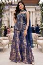 Navy Blue Gold Banarasi Silk Hand Embroidered Kurta Sharara Set With Choker Style Dupatta