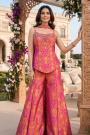 Fuchsia Pink Gold Banarasi Silk Hand Embroidered Kurta Sharara Set With Choker Style Dupatta