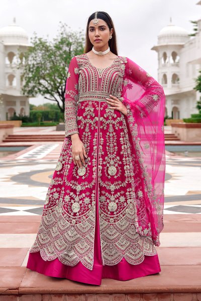 Fuchsia Pink Net Embroidered Anarkali With Skirt & Pants Fuchsia Pink Net Embroidered Anarkali With Skirt & Pants