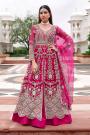 Fuchsia Pink Net Embroidered Anarkali With Skirt & Pants