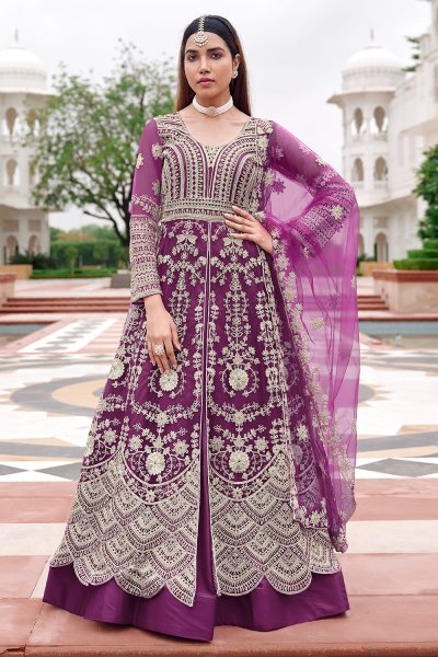 Plum Net Embroidered Anarkali With Skirt & Pants Plum Net Embroidered Anarkali With Skirt & Pants