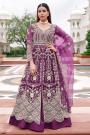 Plum Net Embroidered Anarkali With Skirt & Pants