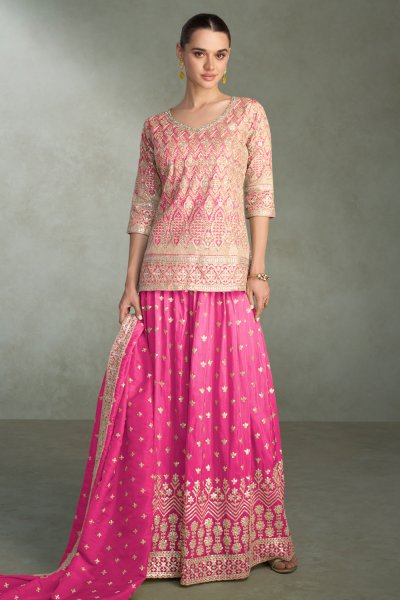 Fuchsia Pink Silk Embroidered Short Kurti With Palazzo & Dupatta Fuchsia Pink Silk Embroidered Short Kurti With Palazzo & Dupatta