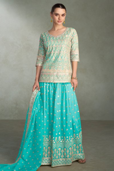 Aqua Blue Silk Embroidered Short Kurti With Palazzo & Dupatta Aqua Blue Silk Embroidered Short Kurti With Palazzo & Dupatta