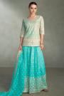 Aqua Blue Silk Embroidered Short Kurti With Palazzo & Dupatta