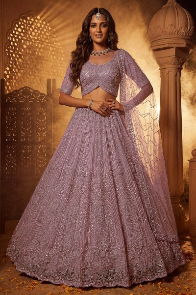 Lilac Net Embroidered Lehenga Set